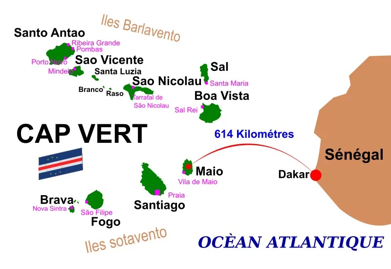 carte cap vert, les 10 îles présentées et leur chef lieu
